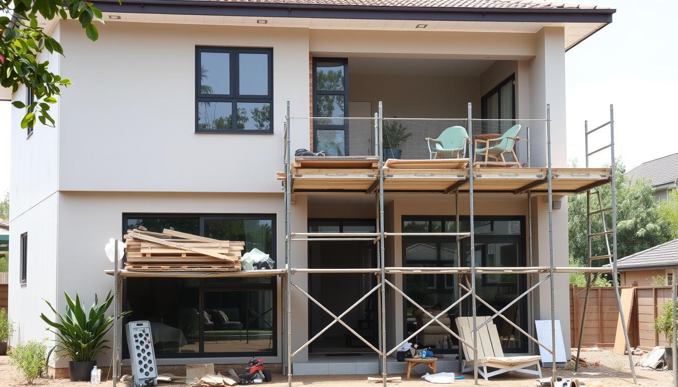 Residential renovation with scaffolding