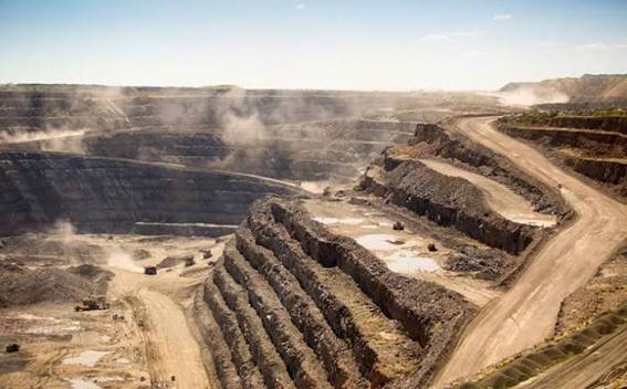 Open pit mine road and terraced excavation